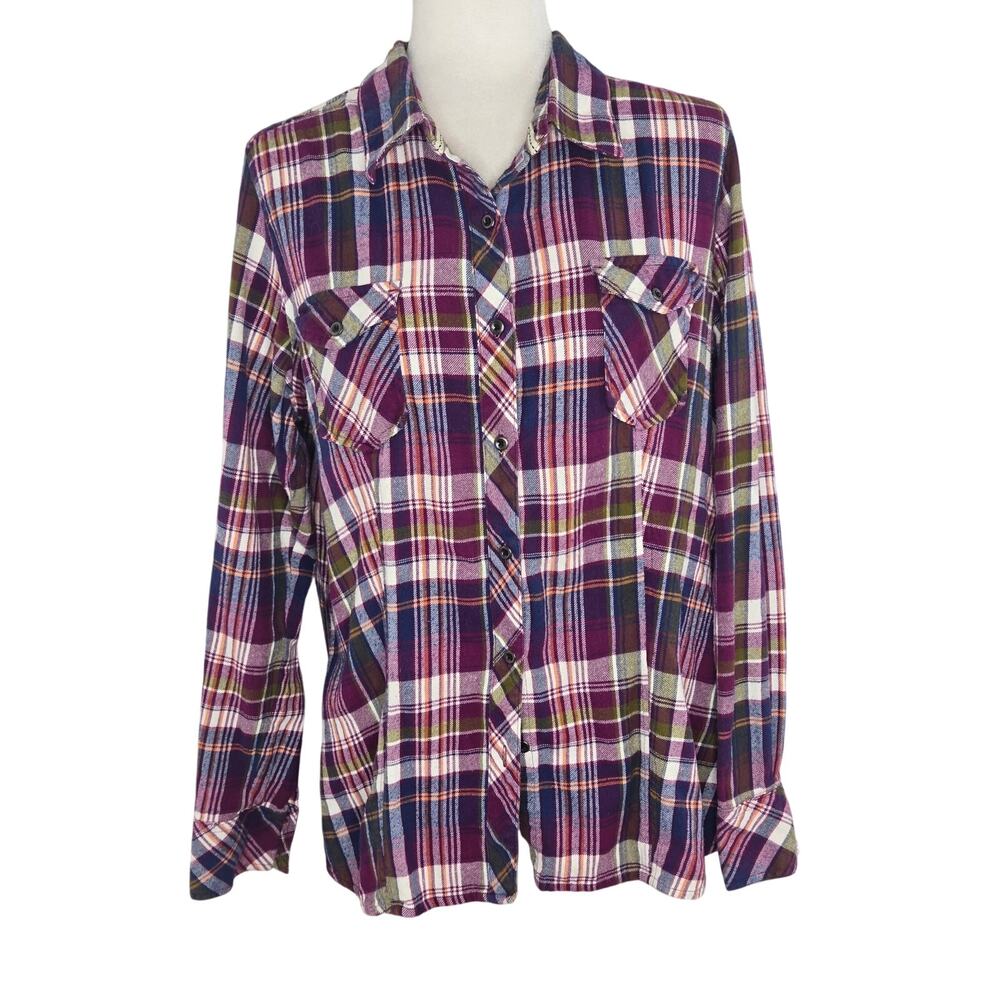 Natural Reflections Purple Plaid Cotton Flannel Shirt XL purple blue olive green